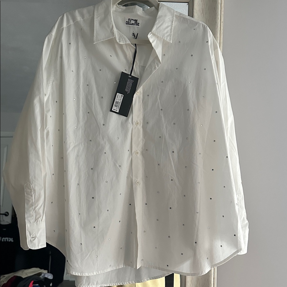 White Button-Up Shirt with Subtle Embellishments
